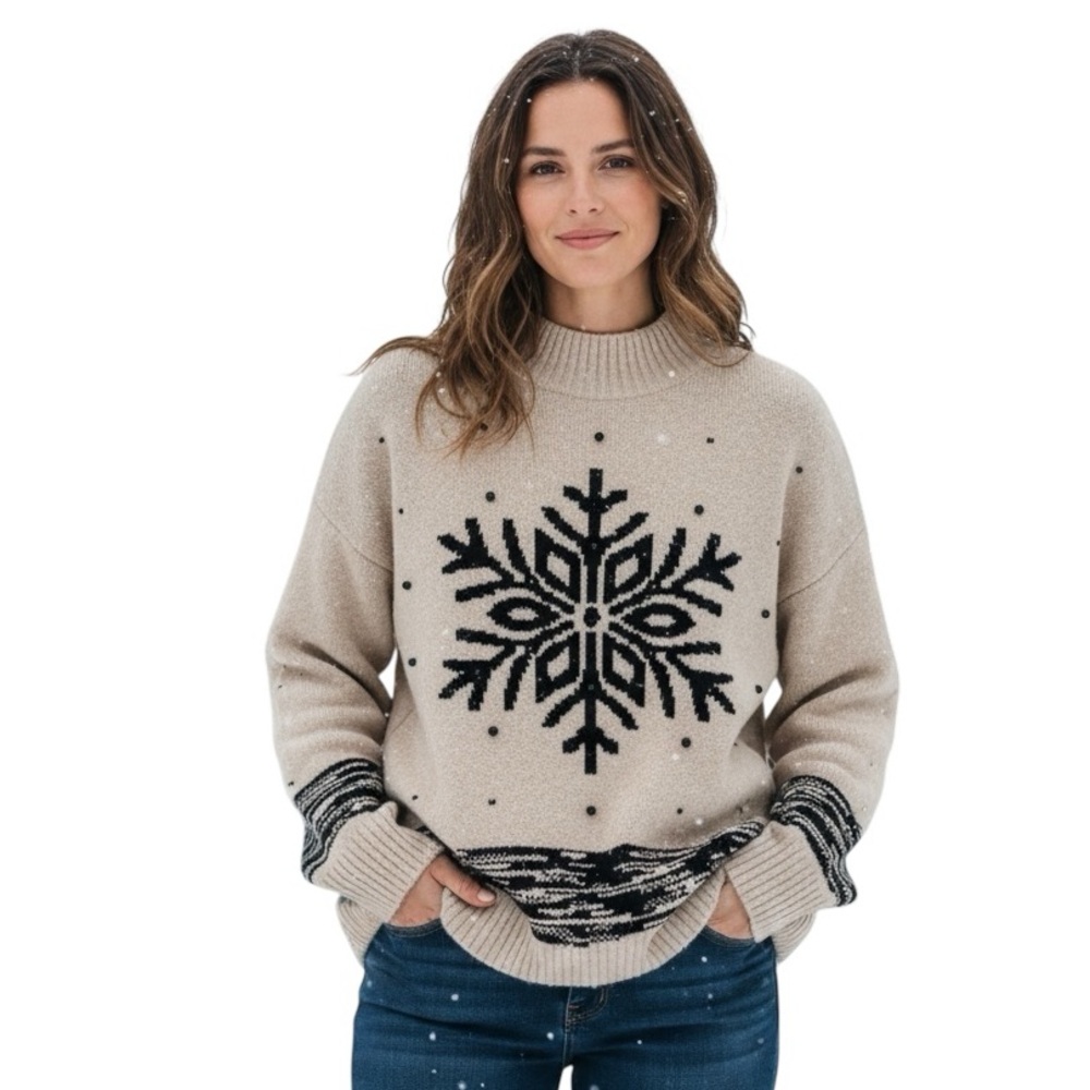 NWT Coco & Claire Snowflake Rhinestone Knit Sweater Beige Black Holiday Top XL